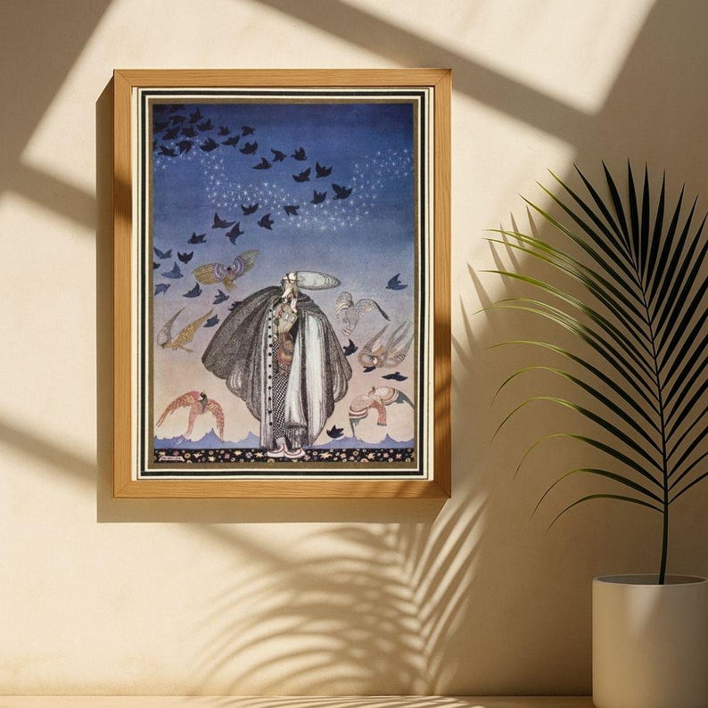 Peut inclure: Une impression d'art encadr&eacute;e pr&eacute;sentant une illustration fantastique. L'&oelig;uvre repr&eacute;sente une figure en long manteau et chapeau, entour&eacute;e d'oiseaux et d'autres cr&eacute;atures sur fond de ciel bleu. Le cadre est de couleur marron clair.