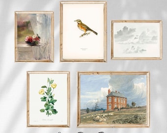 Vintage Pastel Wall Art Set of 5, Soft Toned Cottagecore Prints, Neutral Rustic Gallery Wall Decor