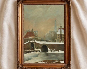 Amsterdam Winter City Print, Dutch Snowy Street Art, Vintage European City Wall Decor
