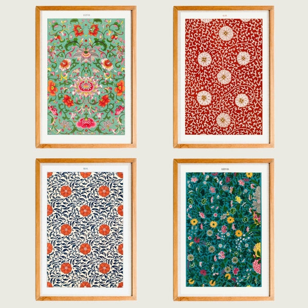 Vintage Pattern Gallery Wall Set of 4 Digital Prints Download, Floral Pattern Wall Art, Eclectic Art Home Decor, Floral Pattern Posters