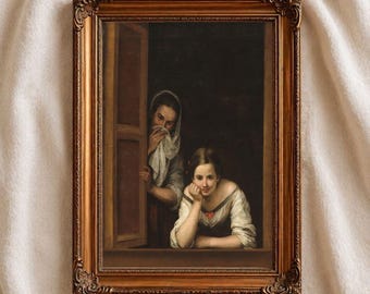 Two Women at a Window Print by Murillo, Baroque Wall Art, Vintage Portrait Painting, Spanish Masterpiece, Dark Academia Decor