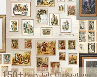 Vintage Fairy Tale Art Prints Set of 150+, Storybook Illustration Set, Classic Children’s Book Posters, Printable Wall Art Bundle