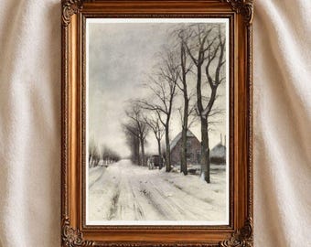 Louis Apol Winter Landscape Print, Snowy Village Art, Vintage Winter Countryside Wall Decor