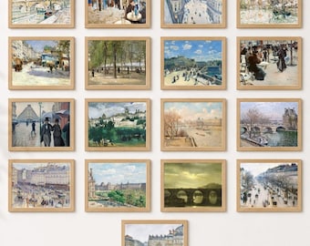 May include: A set of framed art prints showcasing Impressionist paintings of Parisian cityscapes. The artworks depict bridges, parks, and streets, with a variety of colours and artistic styles. Each print is in a wooden frame.