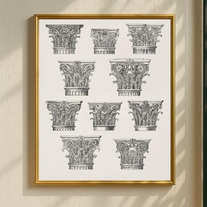 Antike Säule Tops Wand Kunst Druck, Architektonische Gotische Säule Ornamente Poster druckbare Wanddekoration, digitaler Download