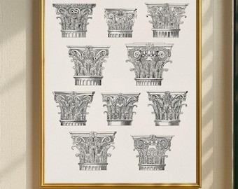 Antique Column Tops Wall Art Print, Architectural Gothic Column Ornaments Poster Printable Wall Decor, Digital Download