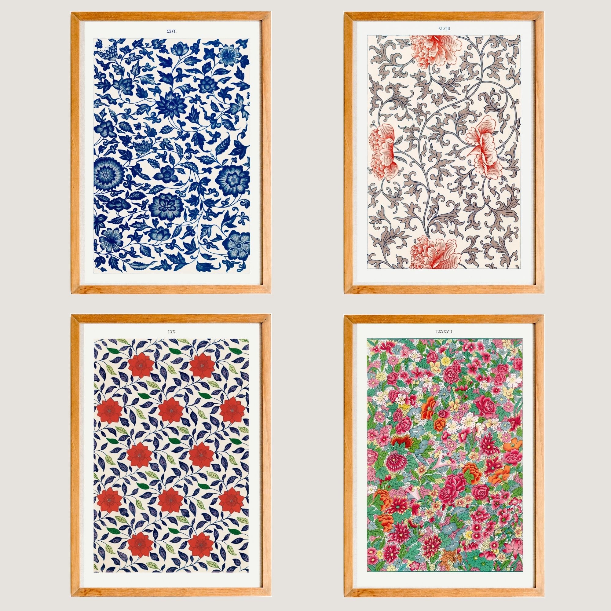 Vintage Pattern Gallery Wall Art Print Set of 4, Floral Pattern Wall ...