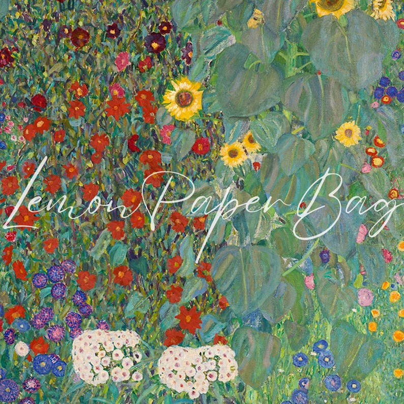 Puede incluir: Una pintura vibrante de un jard&iacute;n de flores con girasoles, amapolas rojas y otras flores coloridas. El texto "Lemon Paper Bag" est&aacute; escrito en cursiva blanca en la imagen. La obra de arte tiene un estilo texturizado y pict&oacute;rico.