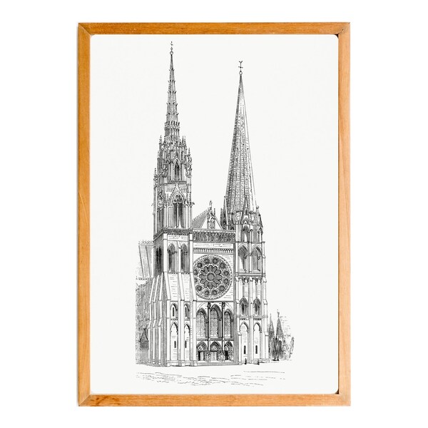 Cathedral of Chartres Wall Art Print, Architecture Drawing Printable, Digital Download