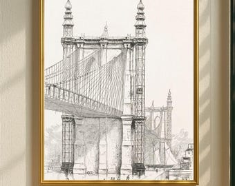 Vintage Brooklyn Bridge Wall Art Print, decor skyline New York City, afdrukbare poster NYC-oriëntatiepunt, architecturale illustratie
