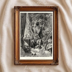 May include: A framed black and white print featuring a detailed illustration of a historical scene. The artwork depicts a man seated on a throne, surrounded by figures in a chaotic setting. The frame is ornate, with a gold finish.
