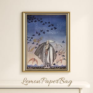 Peut inclure: Impression d'art encadr&eacute;e repr&eacute;sentant une illustration fantastique avec une figure en long manteau et chapeau, entour&eacute;e d'oiseaux et d'&eacute;toiles sur fond de ciel bleu. L'&oelig;uvre est dans un cadre dor&eacute;, avec le texte "Lemon PaperBag" en bas.