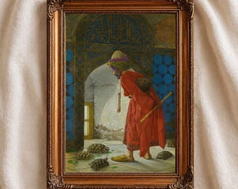 May include: A framed print of an antique painting depicting a figure in red robes and a turban, observing several turtles. The artwork is set in an ornate interior with blue tilework and architectural details. The frame is a detailed gold color.