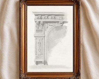 Vintage Ornamental Arch Print, Neoclassical Architectural Sketch, Antique Doorway Drawing, Classical Architecture Wall Art