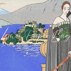 Może przedstawiać: Ilustracja w stylu vintage przedstawiająca osobę w ciemnoszarej sukni z zielonym wzorzystym gorsetem na tle niebieskiego jeziora, tarasowych budynk&oacute;w i g&oacute;r. Na środku znajduje się biały napis Lemon Paper Bag wykonany pismem odręcznym.