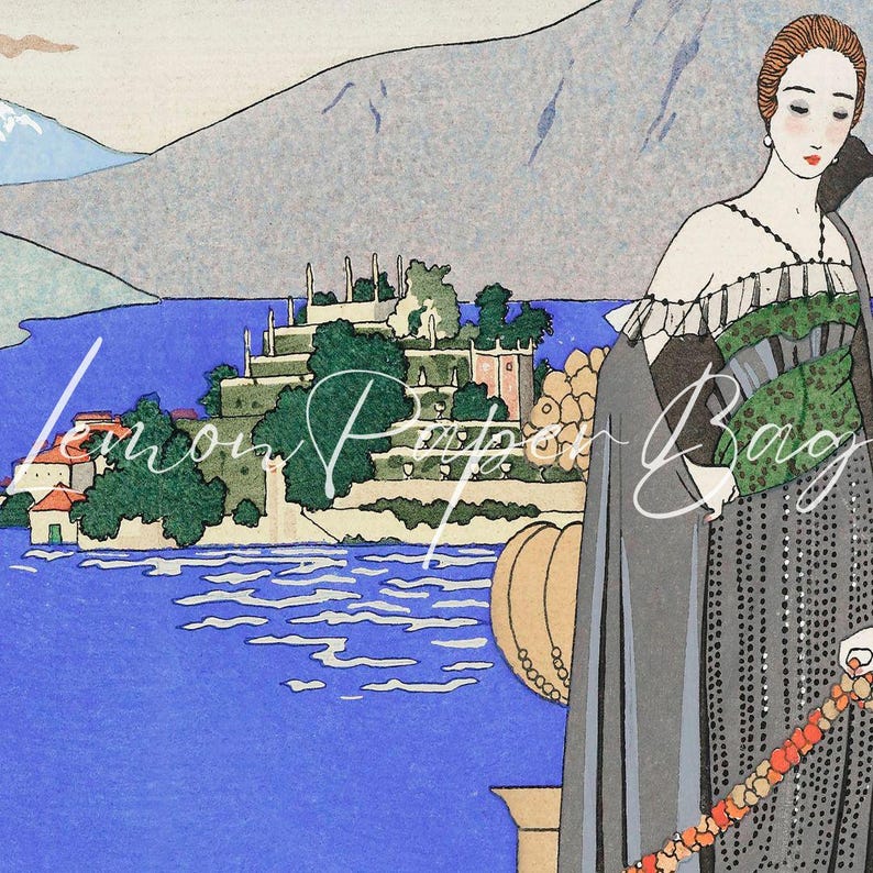 Może przedstawiać: Ilustracja w stylu vintage przedstawiająca osobę w ciemnoszarej sukni z zielonym wzorzystym gorsetem na tle niebieskiego jeziora, tarasowych budynk&oacute;w i g&oacute;r. Na środku znajduje się biały napis Lemon Paper Bag wykonany pismem odręcznym.