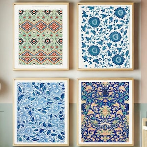 Vintage Pattern Wall Art Set of 4, Antique Textile Design Print, Retro Gallery Wall Decor, Ornamental Fabric Poster, Digital Download Print