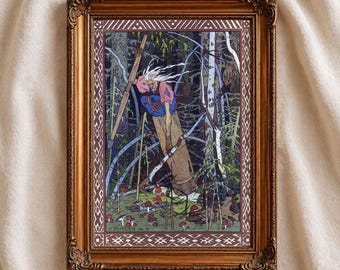 Baba Yaga Art Print, Ivan Bilibin Illustration, Russian Folklore Wall Art, Vintage Fairy Tale Print, Digital Download, Mythical Witch Decor