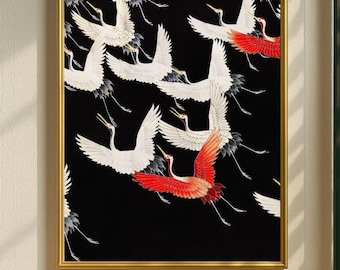 Flying Cranes Wall Art, Japanese Bird Print, Vintage Oriental Decor, Tranquil Nature Artwork