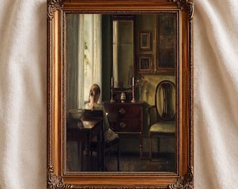 Quiet Interior Reading Print, Carl Holsøe Wall Art, Minimalist Vintage Painting, Cozy Neutral Home Decor