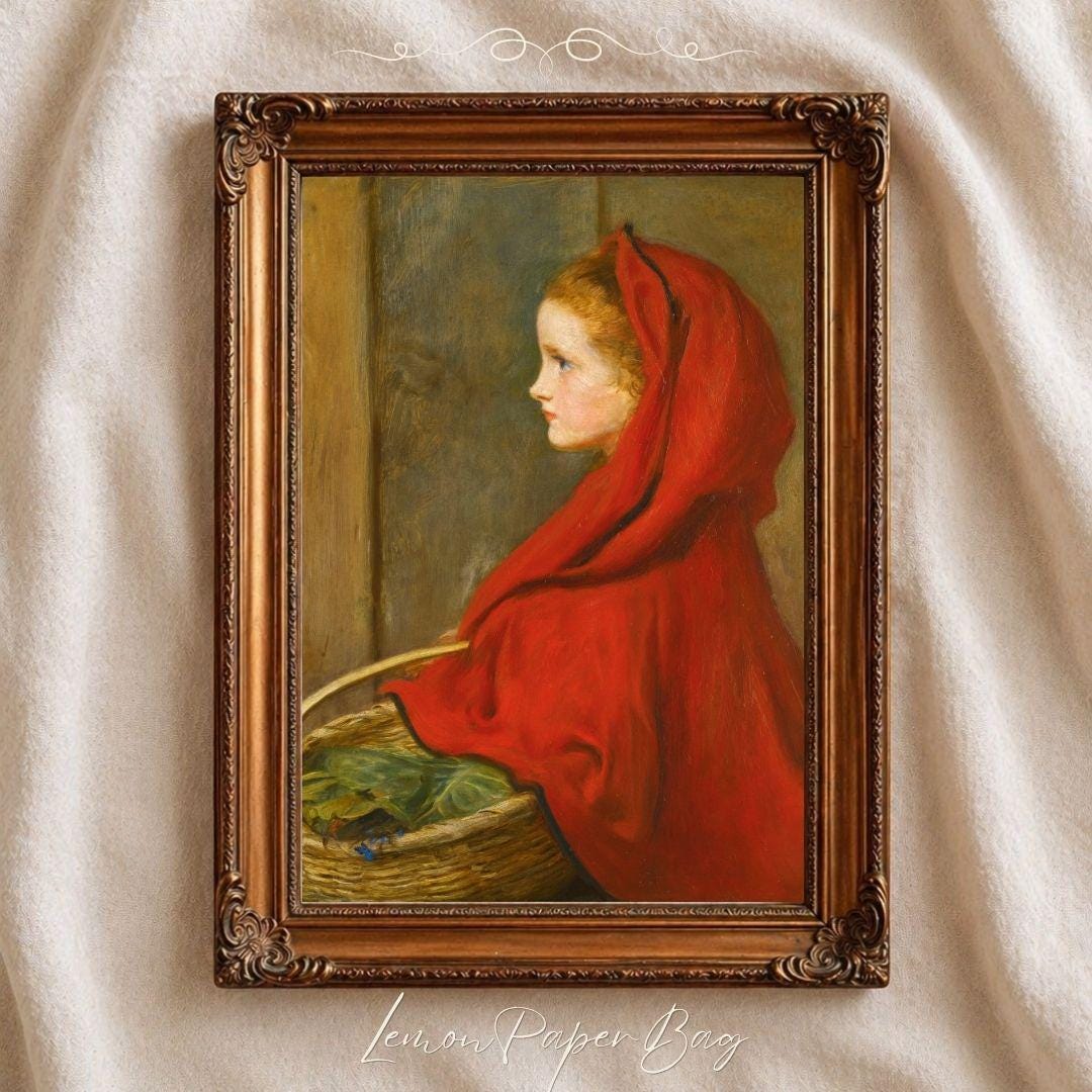 赤ずきんちゃん　ハンドメイドパステル画　絵画アート原画 ミレイ作「赤ずきん」、ヴィンテージ童話アートプリント、ラファエル前