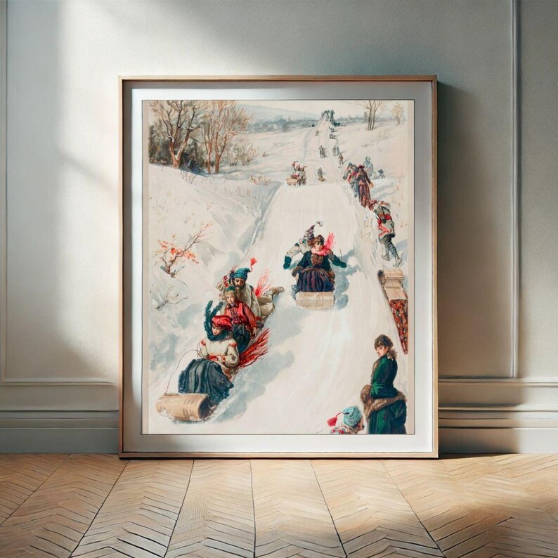 May include: A vintage illustration depicting people sledging down a snowy hill. The illustration is in a colourful style with a variety of people and sleds. The people are wearing winter clothing and are smiling and laughing. The hill is covered in snow and there are trees in the background.