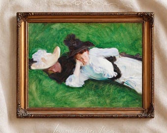 Two Girls on a Lawn by John Singer Sargent, Vintage Garden Painting Print, Impressionist Wall Art, Soft Romantic Decor