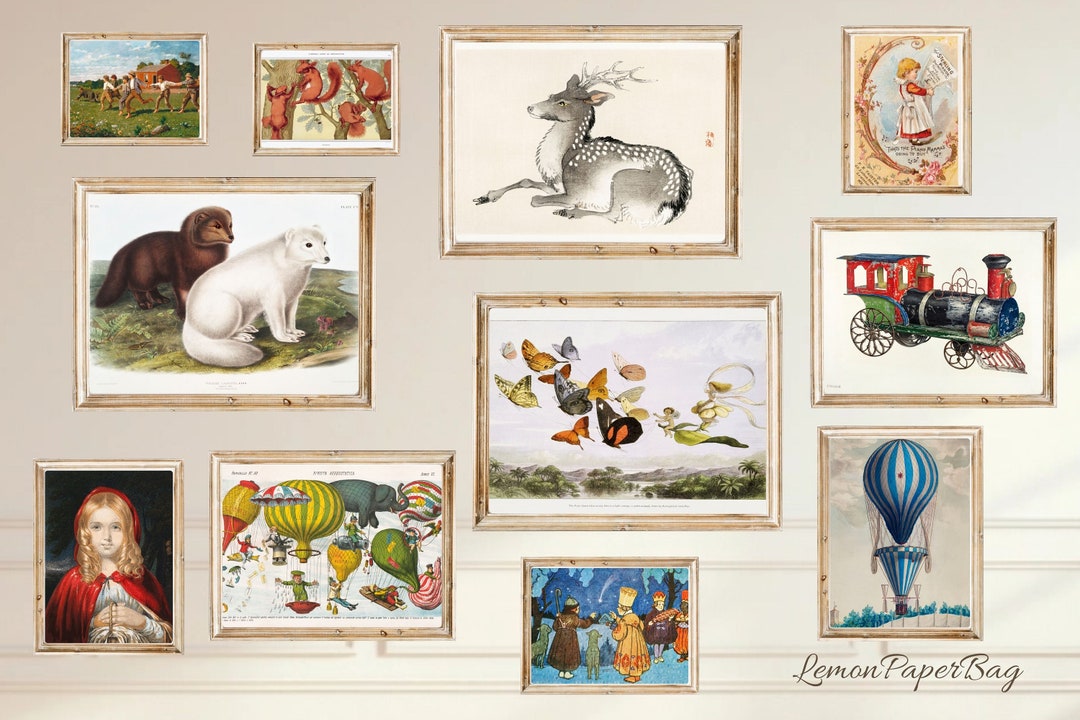 Vintage Nursery Wall Art Print Set of 80, Kids Room Animal Illustration ...