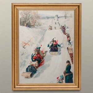 May include: A vintage illustration depicting people sledging down a snowy hill. The illustration is framed in a gold frame and shows a group of people in colourful clothing riding on sleds. The scene is set in a winter wonderland with snow-covered trees and a distant village.