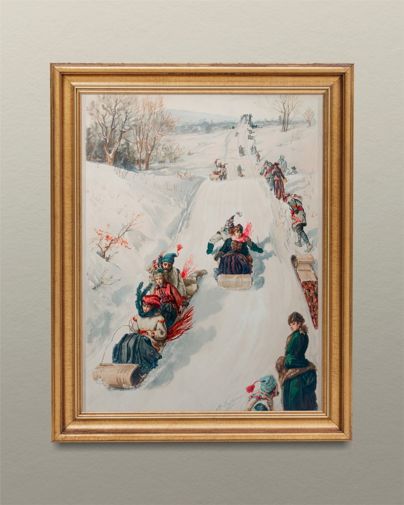 May include: A vintage illustration depicting people sledging down a snowy hill. The illustration is framed in a gold frame and shows a group of people in colourful clothing riding on sleds. The scene is set in a winter wonderland with snow-covered trees and a distant village.