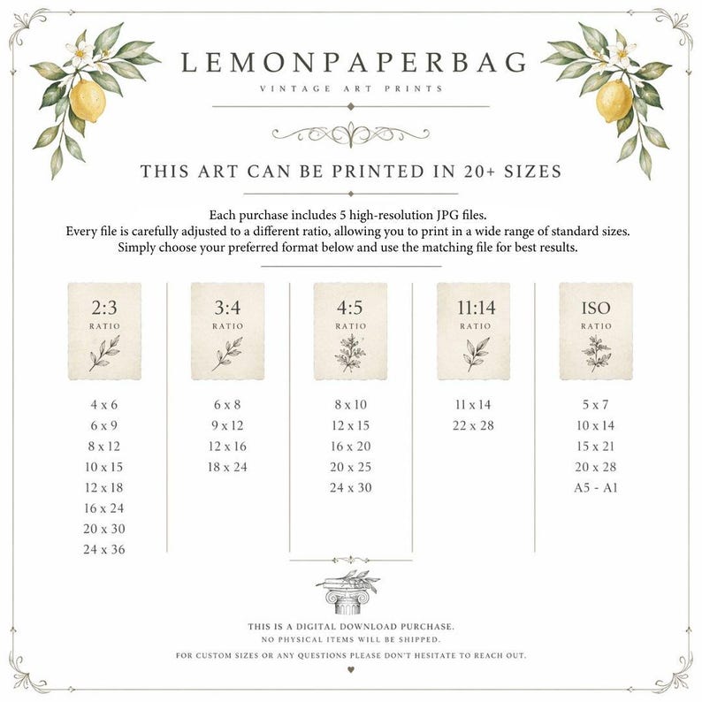 Może przedstawiać: Tabela informacyjna dotycząca cyfrowych wydruk&oacute;w artystycznych z ilustracjami cytryn w g&oacute;rnych rogach. Tekst zawiera LEMONPAPERBAG VINTAGE ART PRINTS, THIS ART CAN BE PRINTED IN 20+ SIZES oraz listę r&oacute;żnych proporcji i wymiar&oacute;w.