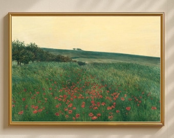 Red Poppies Wall Art Print, Vintage Flower Field Landscape, Nature Botanical Illustration, Floral Digital Download, Cottagecore Decor