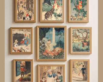 Vintage Fairy Tale Illustration Set, Classic Storybook Prints, Nursery Wall Art, Printable Poster Bundle, Digital Download, Whimsical Decor