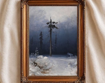 Tree in Winter Forest Print by Peder Balke, Vintage Winter Landscape, Scandinavian Wall Art, Snow Forest Painting, Moody Nature Decor