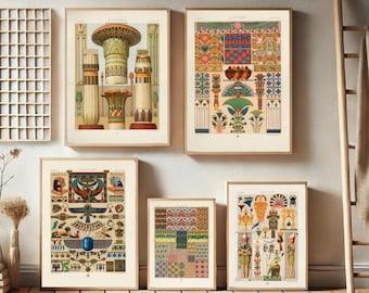 Ancient Egyptian Wall Art Set of 5, Printable Hieroglyph Prints, Egypt History Poster, Pharaoh Wall Decor, Digital Download