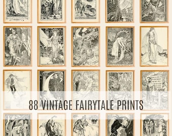 Vintage Fairy Tale Illustrations Bundle, Antique Storybook Prints, Printable Wall Art Set, Classic Children’s Book Art, Digital Download