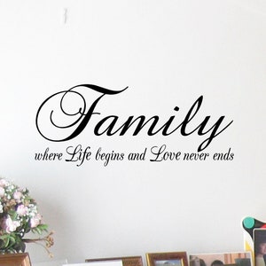 May include: Black and white wall decal with the word "Family" in a decorative script font. The text below reads "where Life begins and Love never ends".
