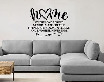 Home Where love resides, memories are created, friends are always welcome and laughter never ends vinyl wall decal, sign decal.