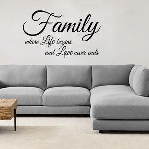 Family where Life begins and Love never ends vinyl wall decal, living room decor, sign decal.