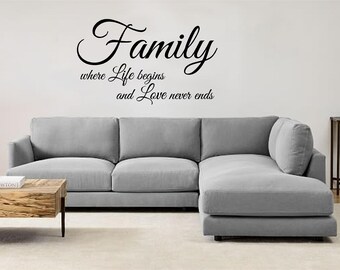 Family where Life begins and Love never ends vinyl wall decal, living room decor, sign decal.