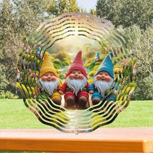 Gnomes on a bridge Wind Spinner, Yard Decor,3 Gnomes, Porch Decor