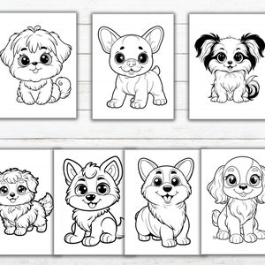 May include: A set of six black and white coloring pages featuring cute cartoon dogs. Each page features a different breed of dog, including a Shih Tzu, a French Bulldog, a Papillon, a Husky, a Corgi, and a Cocker Spaniel.