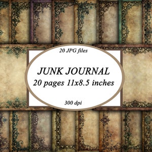 May include: Twenty digital paper pages with ornate, dark brown and green borders. The pages are designed for use in a junk journal and measure 11x8.5 inches.  The text "JUNK JOURNAL" is displayed in the center of the image.