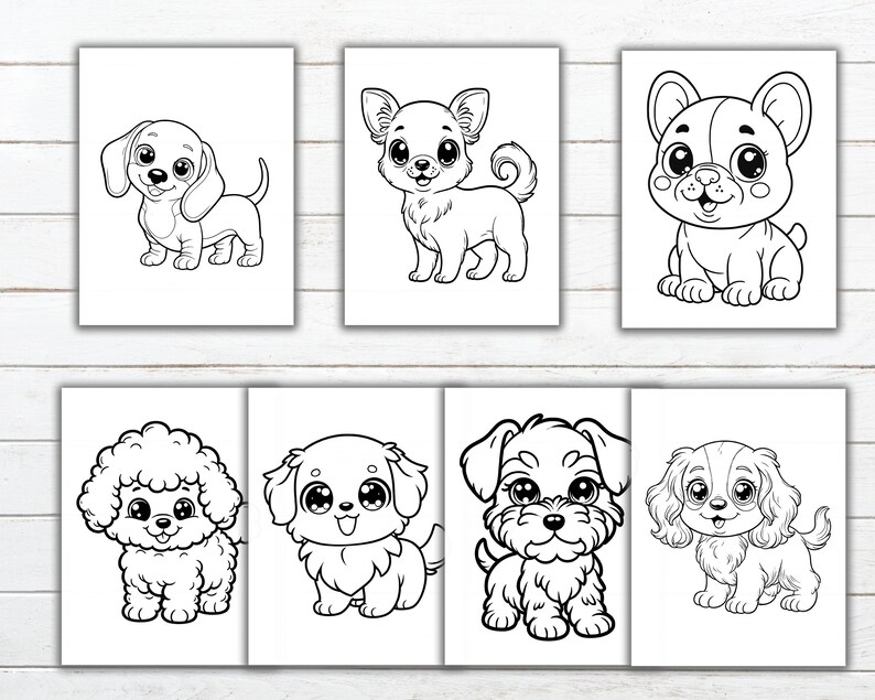 May include: Black and white line art illustrations of various dog breeds. The dogs are drawn in a cartoon style with large eyes and smiling expressions. The illustrations are perfect for coloring pages or for use in other creative projects.