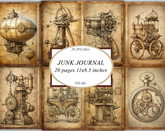 Op de afbeelding: Een set van 20 digitale afdrukbare pagina's met steampunk-geïnspireerde illustraties van tandwielen, klokken en machines. De pagina's zijn ontworpen voor gebruik in junk journals en zijn 28x21,6 cm groot bij 300 dpi.