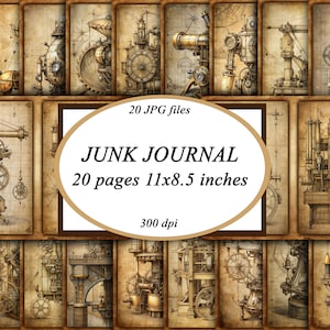 May include: 20 digital papers featuring intricate steampunk designs with gears, pipes, and other mechanical elements. The papers are 11x8.5 inches and 300 dpi.