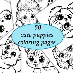 May include: Black and white illustrations of 50 cute puppies, perfect for coloring pages.  The illustrations feature puppies with big eyes and playful expressions.