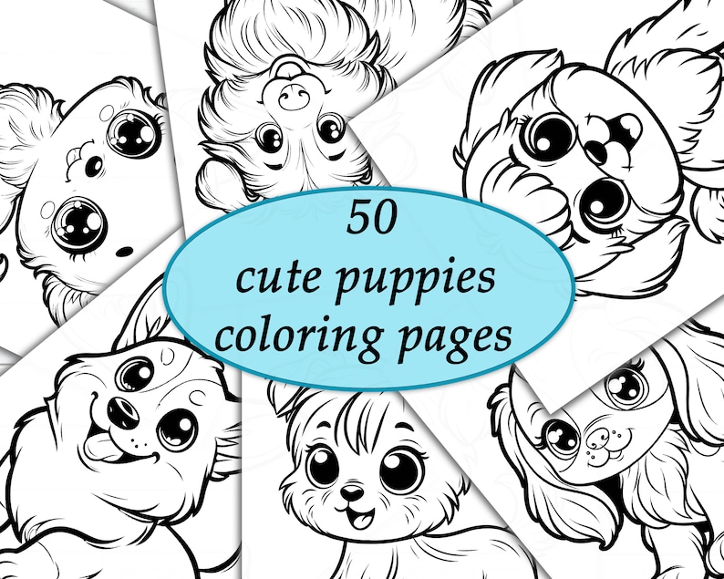 May include: Black and white illustrations of 50 cute puppies, perfect for coloring pages.  The illustrations feature puppies with big eyes and playful expressions.
