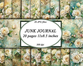 Pages de journal floral indésirable, roses blanches à imprimer, pages de scrapbooking victorien vintage shabby chic