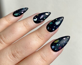 Reusable Matte Black Terrazzo Press-On Nails (with shell pieces)